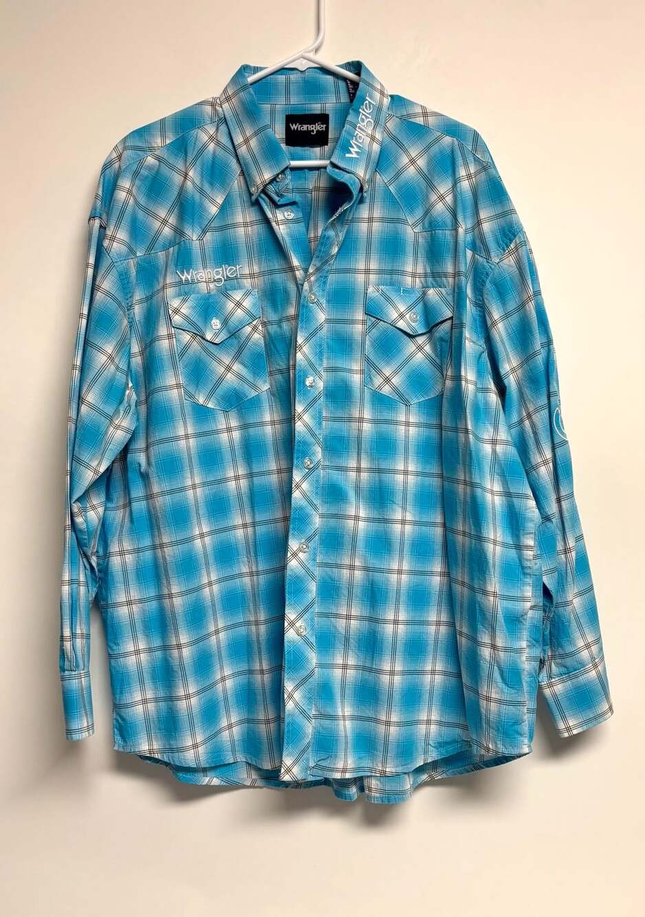Wrangler Western Shirt Size XXL Turquoise Logo Plaid Long Sleeve